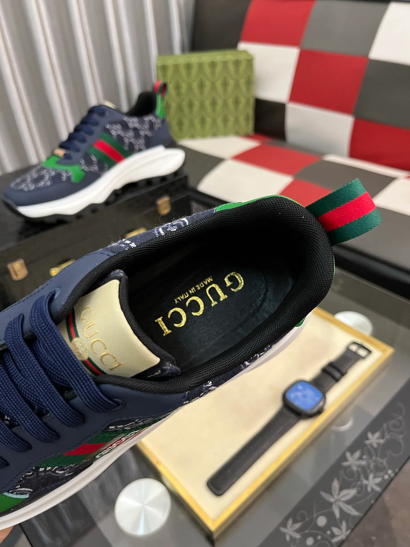 Men's shoes 💰458⌚️⌚️ Gucci •Gucci original quality. ~ Unique modern style sneakers. 🏃A must-have casual shoe for trendy men😍😍 Original brand imported from Italy, imported original leather, sheep lining (refuses to discolor and grind feet) Sole: Original sole provided by the original factory, French lazy style design ⚠️Fit to the feet, original quality attached, super comfortable original sole, code number: 38-444️⃣Colors available